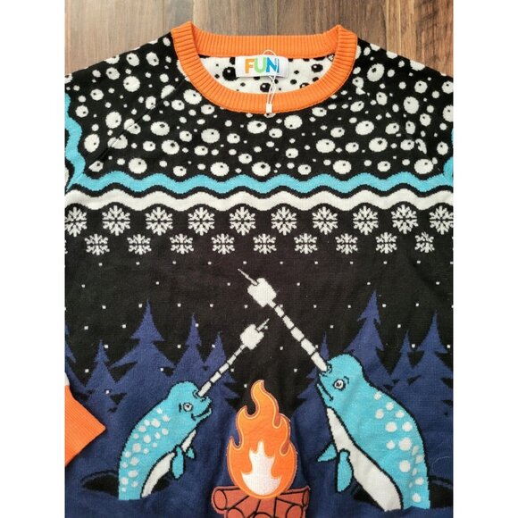 NWOT Fun.com Narwhal Blue Orange Crewneck Novelty Sweater Unisex Size L - Picture 3 of 6